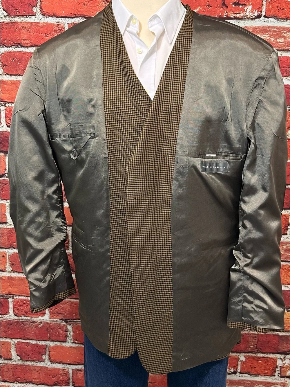 OSCAR DE LA RENTA MENS BLAZER SZ 48 BROWN HOUNDSTOOTH CHECK SPORT COAT JACKET